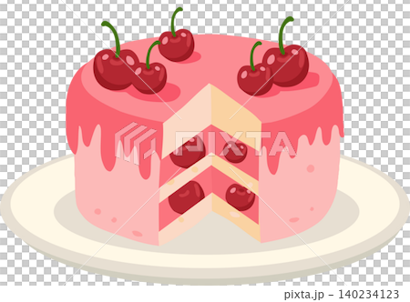 Cherry cake illustration with pink icing and cherries on top for bakery, dessert, birthday, party, layered cake, sweet treat, festive food, homemade confectionery, dessert design 140234123