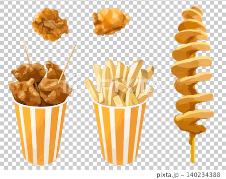Street food set (fried chicken, fries, hurricane potatoes) Street food set (fried chicken, fries, hurricane potatoes) 140234388