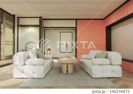 japanese interior of pink sakura living room for editing. 3d rendering japanese interior of pink sakura living room for editing. 3d rendering 140234673