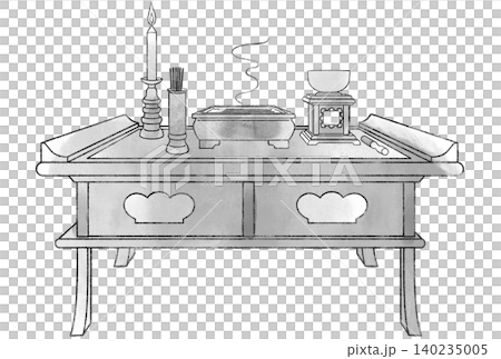 A monochrome illustration set of a Buddhist altar table (offering table), candle holder, incense holder, bell, incense burner, incense sticks, and other Buddhist altar and ritual objects. A monochrome illustration set of a Buddhist altar table (offering table), candle holder, incense holder, bell, incense burner, incense sticks, and other Buddhist altar and ritual objects. 140235005