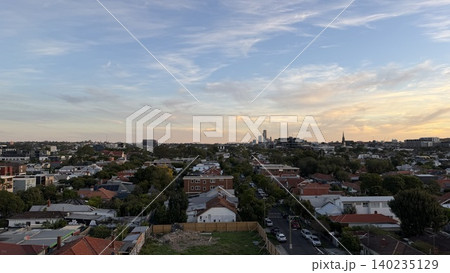 High angle view of Melbourne city at sunset High angle view of Melbourne city at sunset 140235129
