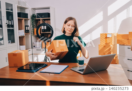 Fashion designer woman and typing on laptop in shop for email project or online order of fabric in creative startup Serious tailor computer and small business for clothes or textile in : Generative AI 140235273
