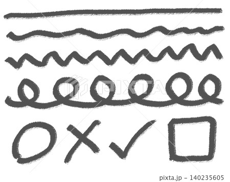 黒のクレヨン風手描き線と記号のセット(透過背景) 黒のクレヨン風手描き線と記号のセット(透過背景) 140235605