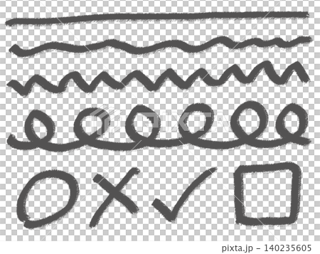 黒のクレヨン風手描き線と記号のセット(透過背景) 黒のクレヨン風手描き線と記号のセット(透過背景) 140235605