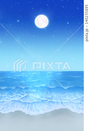 満月と星空が輝く夜の海の背景イラスト 140235895