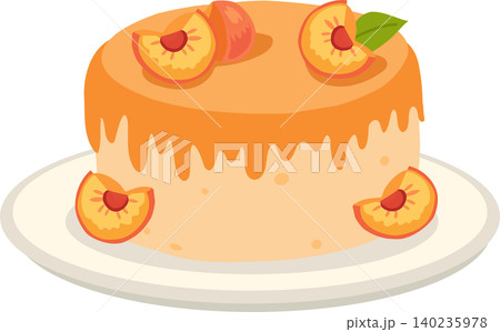 peach cake illustration with orange glaze and fresh fruit slices on plate, cartoon dessert art for bakery design and sweet treat peach cake illustration with orange glaze and fresh fruit slices on plate, cartoon dessert art for bakery design and sweet treat 140235978