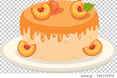 peach cake illustration with orange glaze and fresh fruit slices on plate, cartoon dessert art for bakery design and sweet treat peach cake illustration with orange glaze and fresh fruit slices on plate, cartoon dessert art for bakery design and sweet treat 140235978