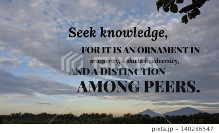 Inspirational typography layout featuring the quote Seek knowledge, for it is an ornament in prosperity, a shield in adversity, a distinction among peers. Horizontal poster uses bold dark serif text Inspirational typography layout featuring the quote Seek knowledge, for it is an ornament in prosperity, a shield in adversity, a distinction among peers. Horizontal poster uses bold dark serif text 140236547