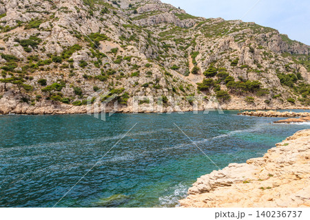View of Calanque de Morgiou on the Mediterranean shore between Marseille and Cassis in the south of France 140236737