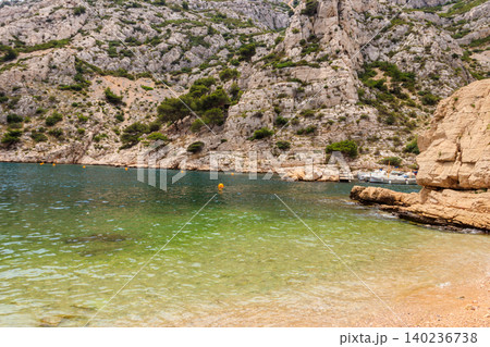 View of Calanque de Morgiou on the Mediterranean shore between Marseille and Cassis in the south of France 140236738