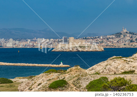 View of the Chateau d'If (If castle) and the town of Marseille from Frioul islands, France 140236753