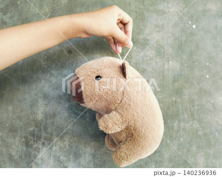 Hand Holding Capybara Doll on Concrete Wall Background Hand Holding Capybara Doll on Concrete Wall Background 140236936