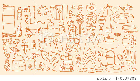 Summer illustration icon and vector beach travel with design sea doodle. Drawing background vacation and summer isolated line with cute holiday illustration. Graphic summer ocean and water Summer illustration icon and vector beach travel with design sea doodle. Drawing background vacation and summer isolated line with cute holiday illustration. Graphic summer ocean and water 140237888