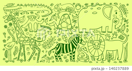 Animal cartoon vector with doodle jungle safari and tropic leaves palm. Design summer nature with cute animal plant and leopard zoo illustration. African retro animal with tiger baby doodle 140237889