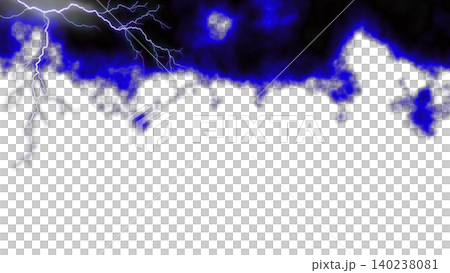 Dark storm clouds with bright blue glow and white lightning forks along top edge against transparent background, dramatic atmosphere of impending thunderstorm Dark storm clouds with bright blue glow and white lightning forks along top edge against transparent background, dramatic atmosphere of impending thunderstorm 140238081