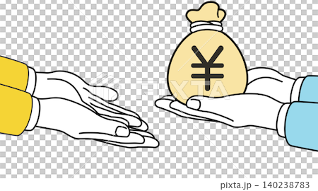An illustration of money, a hand, a yen symbol, and a hand holding a coin. An illustration of money, a hand, a yen symbol, and a hand holding a coin. 140238783