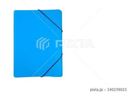 light blue stationery folder with an elastic band located vertically on an isolated white background light blue stationery folder with an elastic band located vertically on an isolated white background 140239023