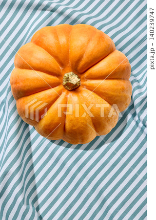 orange color pumpkin on striped linen tablecloth orange color pumpkin on striped linen tablecloth 140239747