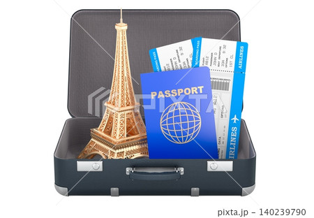 Open suitcase with Eiffel Tower, passport and boarding passes, Paris vacation and travel planning concept, 3d rendering 140239790