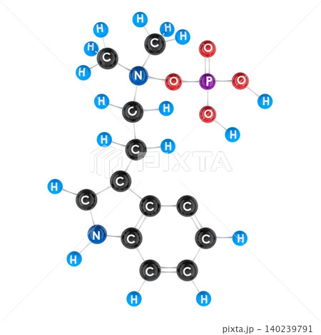 Psilocybin molecule model. 3D rendering Psilocybin molecule model. 3D rendering 140239791