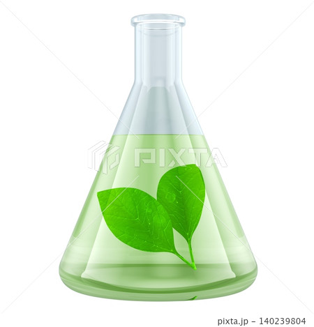 Flask with green liquid and green leaves inside, eco chemistry biotechnology concept, 3d rendering 140239804