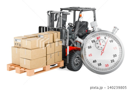 Forklift with pallet boxes and stopwatch. Fast delivery and warehouse logistics, 3d rendering Forklift with pallet boxes and stopwatch. Fast delivery and warehouse logistics, 3d rendering 140239805
