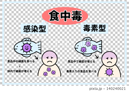 食中毒の仕組みと感染型と毒素型の違いのイラスト 食中毒の仕組みと感染型と毒素型の違いのイラスト 140240021