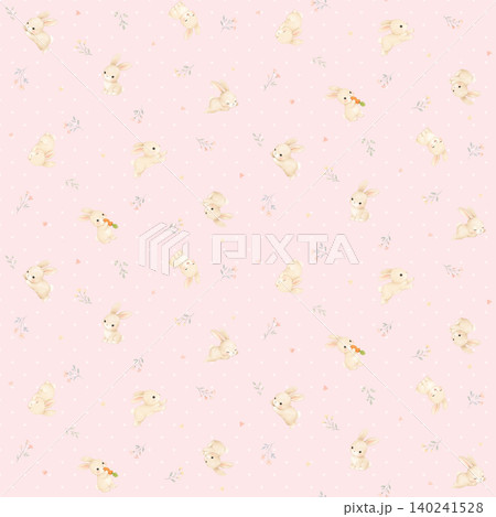 【ピンク】【シームレス総柄】水彩ウサギと小花、ドット、ハートの北欧風シームレスパターン 【ピンク】【シームレス総柄】水彩ウサギと小花、ドット、ハートの北欧風シームレスパターン 140241528