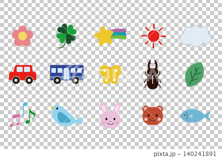 Cute nature, animal, and vehicle icon set Cute nature, animal, and vehicle icon set 140241891