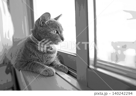 スケッチ風 猫 ネコ ねこ キジトラ グレー 雌 メス 雌ねこ 雌ネコ 元気 かわいい 癒し 140242294