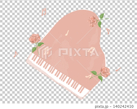 Illustration of hydrangeas, musical notes, and a piano 140242410