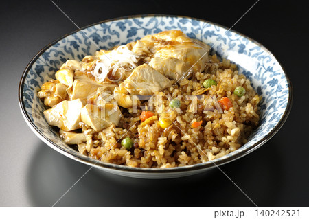 麻婆餡かけ炒飯を黒背景で撮影 140242521