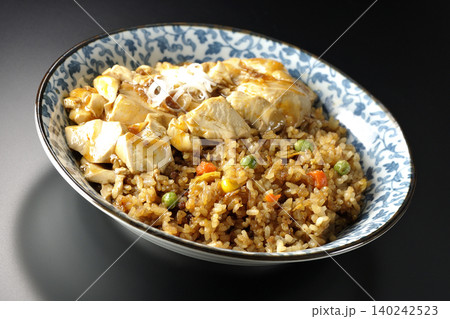 麻婆餡かけ炒飯を黒背景で撮影 140242523