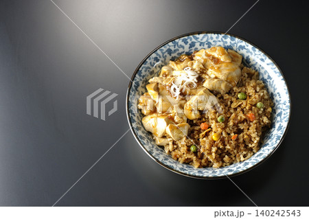麻婆餡かけ炒飯を黒背景で撮影 麻婆餡かけ炒飯を黒背景で撮影 140242543