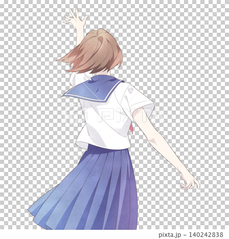 An illustration of a female student from behind, reaching her hand upwards (in summer uniform). An illustration of a female student from behind, reaching her hand upwards (in summer uniform). 140242838