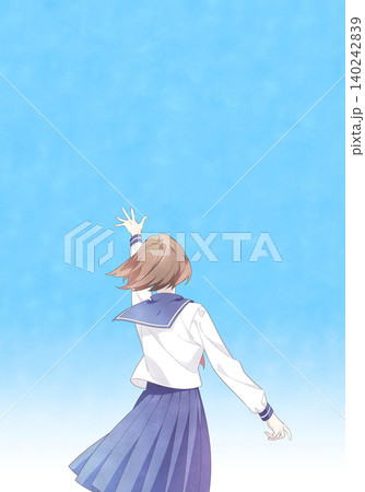 頭上に向けて手を伸ばす女子学生の後ろ姿イラスト（空背景） 140242839