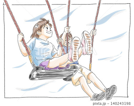 ブランコで遊ぶ兄妹 色付き ブランコで遊ぶ兄妹 色付き 140243198