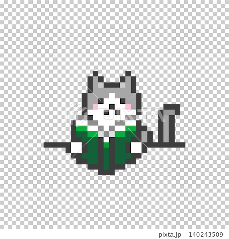 A calico cat reading a book at a pixelated desk. 140243509