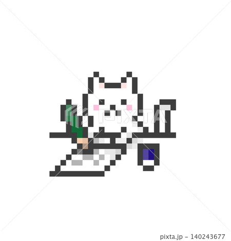 ドット絵の机でテストを受ける白猫 ドット絵の机でテストを受ける白猫 140243677