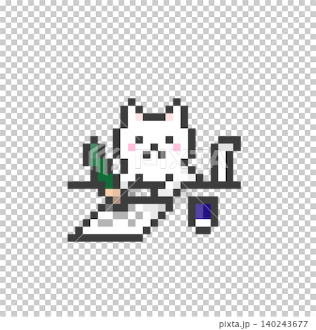 A white cat taking a test at a pixelated desk. A white cat taking a test at a pixelated desk. 140243677