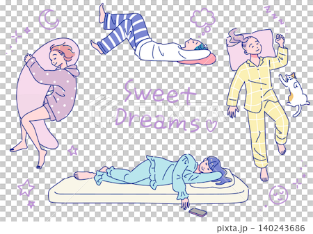 一組描繪女子安詳睡眠的插圖。 一組描繪女子安詳睡眠的插圖。 140243686