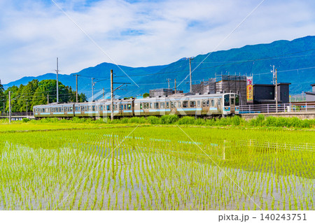 【長野県】北アルプスを背に、田植えの済んだ田園を走る電車 【長野県】北アルプスを背に、田植えの済んだ田園を走る電車 140243751