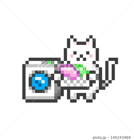 ドット絵のドラム式洗濯機で洗濯する白猫 ドット絵のドラム式洗濯機で洗濯する白猫 140243969
