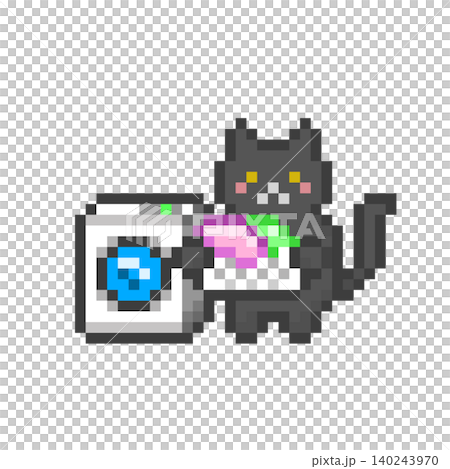 A black cat washing clothes in a pixelated drum-type washing machine A black cat washing clothes in a pixelated drum-type washing machine 140243970