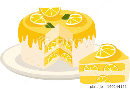 lemon cake illustration with slices and icing creamy dessert yellow layer cake bakery food art illustration for summer dessert plate design 140244121
