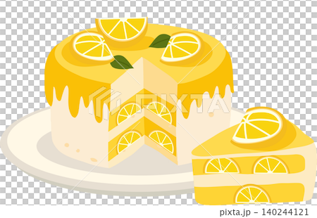 lemon cake illustration with slices and icing creamy dessert yellow layer cake bakery food art illustration for summer dessert plate design 140244121
