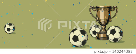 Soccer tournament promotion banner with confetti, soccer balls and golden trophy have blank space. Soccer tournament promotion banner with confetti, soccer balls and golden trophy have blank space. 140244385