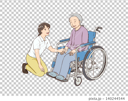 車椅子の高齢女性と介護スタッフ 車椅子の高齢女性と介護スタッフ 140244544