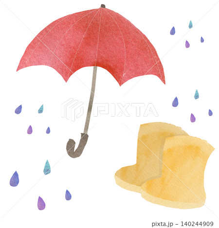水彩の雨の日のカラフルな傘と長靴のセット 水彩の雨の日のカラフルな傘と長靴のセット 140244909