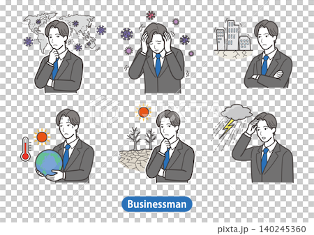 A set of 6 types of risks for businessmen: climate change, infectious diseases, and natural disasters (male office worker, suit, global warming, pandemic) A set of 6 types of risks for businessmen: climate change, infectious diseases, and natural disasters (male office worker, suit, global warming, pandemic) 140245360